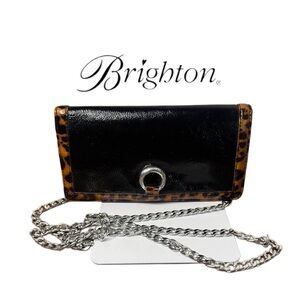 BRIGHTON AUSTYN LEOPARD PRINT LARGE PATENT LEATHER CLUTCH WALLET WITH W/ CHAIN